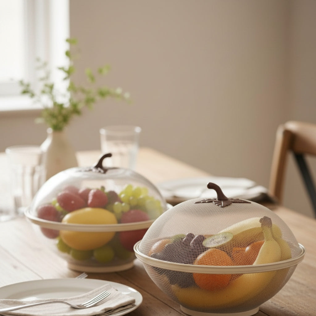 Food Cover Bowls with Handle, Set of 2, Beige, Dome Lid, Fruit Storage