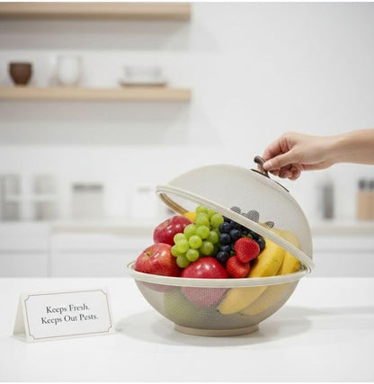 Food Cover Bowls with Handle, Set of 2, Beige, Dome Lid, Fruit Storage