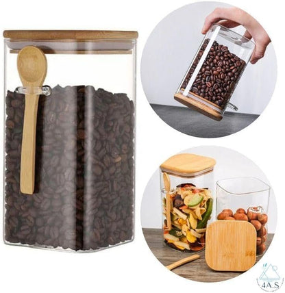 Set of 3 Square Glass Canisters with Bamboo Lids Tea,Spices-350 ml