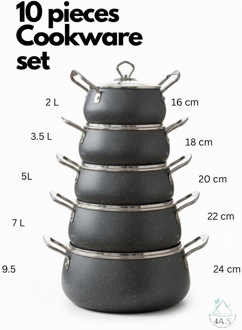 10-Piece Non-Stick Cookware Set, Die-Cast Aluminium with Tempered Glass Lids, Granite Finish, Cool-Touch Handles