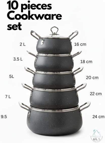 10-Piece Non-Stick Cookware Set, Die-Cast Aluminium with Tempered Glass Lids, Granite Finish, Cool-Touch Handles