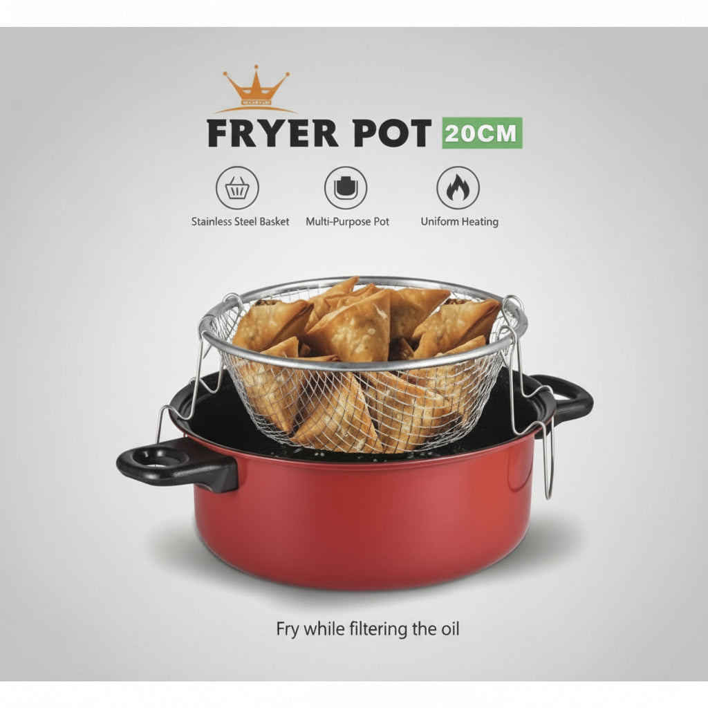 Deep Fryer Pot with Basket and Lid, Red, Non-Stick Coating, Wire Mesh Basket, Glass Lid with Black Handles,20 CM