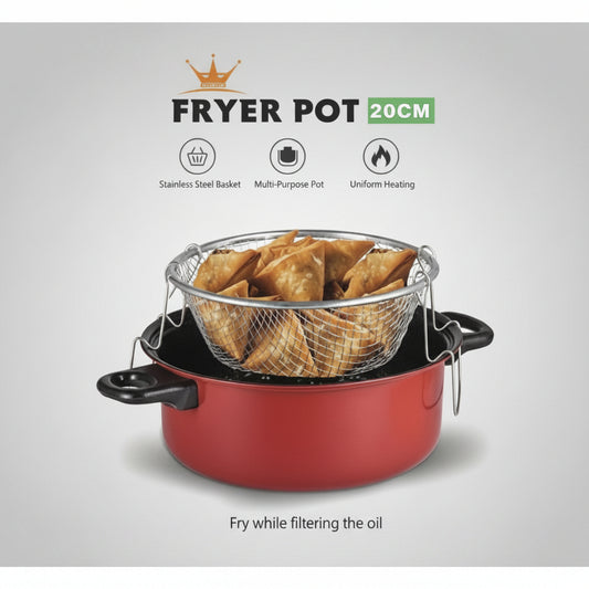 Deep Fryer Pot with Basket and Lid, Red, Non-Stick Coating, Wire Mesh Basket, Glass Lid with Black Handles,20 CM