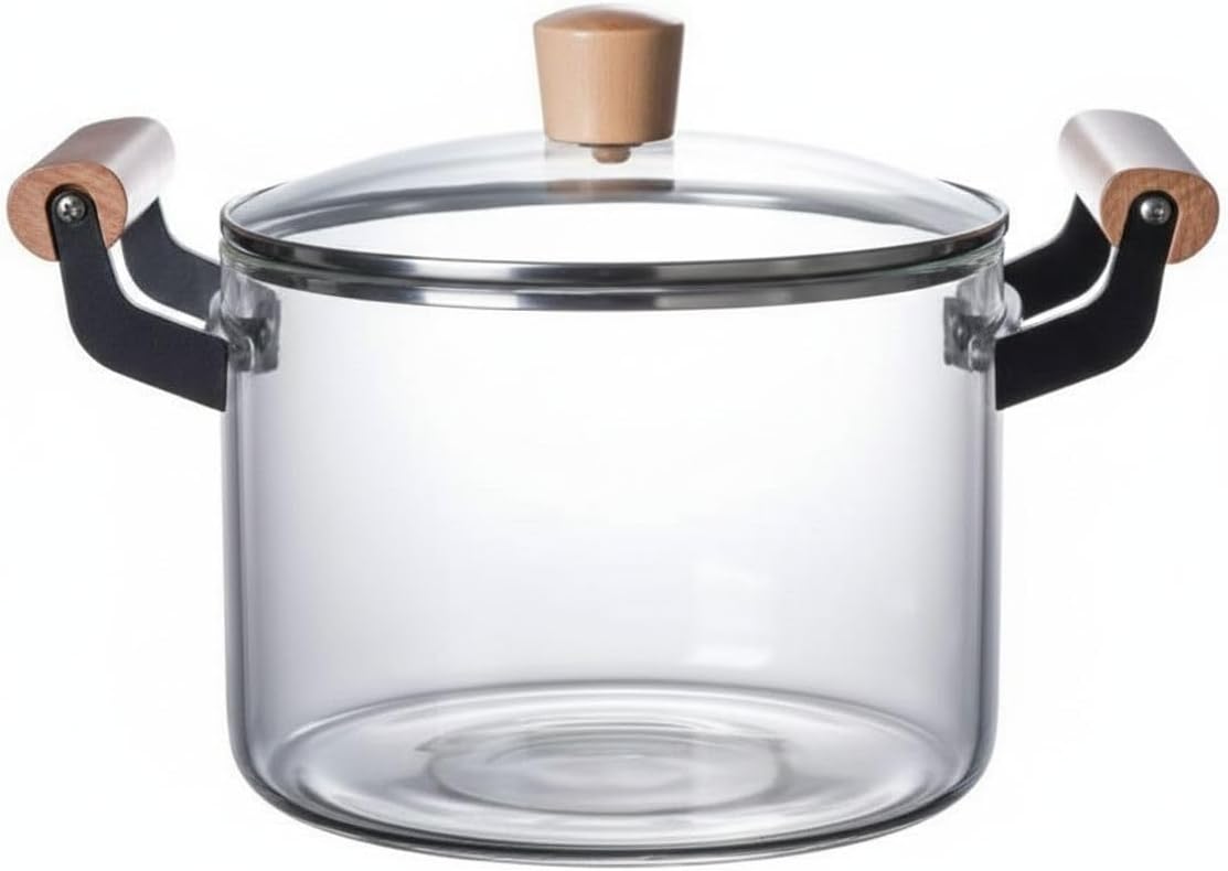 Extra Glass Stockpot with Lid, Clear Heat Resistant Borosilicate Glass, Wooden Handles, Dual Handles,5 L