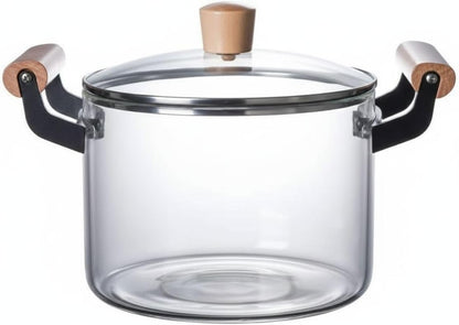 Extra Glass Stockpot with Lid, Clear Heat Resistant Borosilicate Glass, Wooden Handles, Dual Handles,5 L