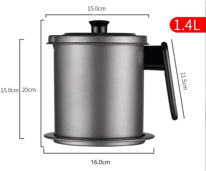 High Quality stainless steel Oil Pot with Mesh Strainer, Premium Non-Stick Coated Stainless Steel, Dishwasher Safe, Anti-Scalding Handle, Grey,1.4 litre Capacity