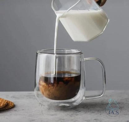 Double Walled Glass Coffee Mugs, Clear, 250ml, Pack of 6, Insulated Thermal Cups with Handle