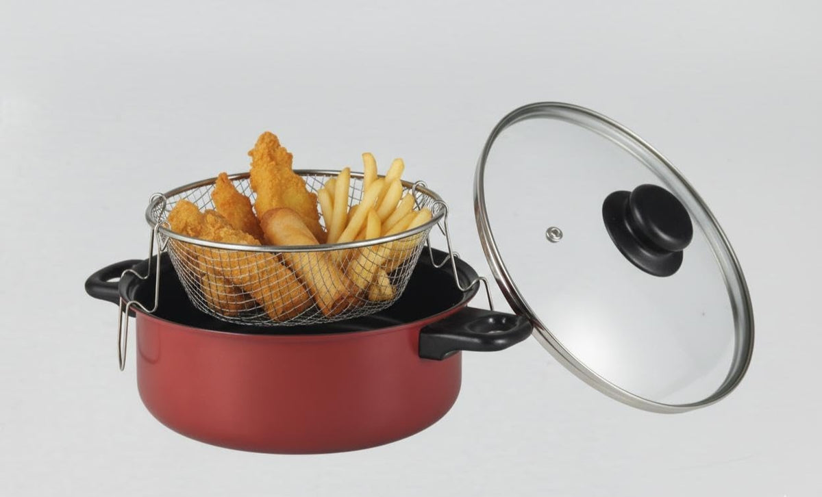 Deep Fryer Pot with Basket and Lid, Red, Non-Stick Coating, Wire Mesh Basket, Glass Lid with Black Handles,20 CM