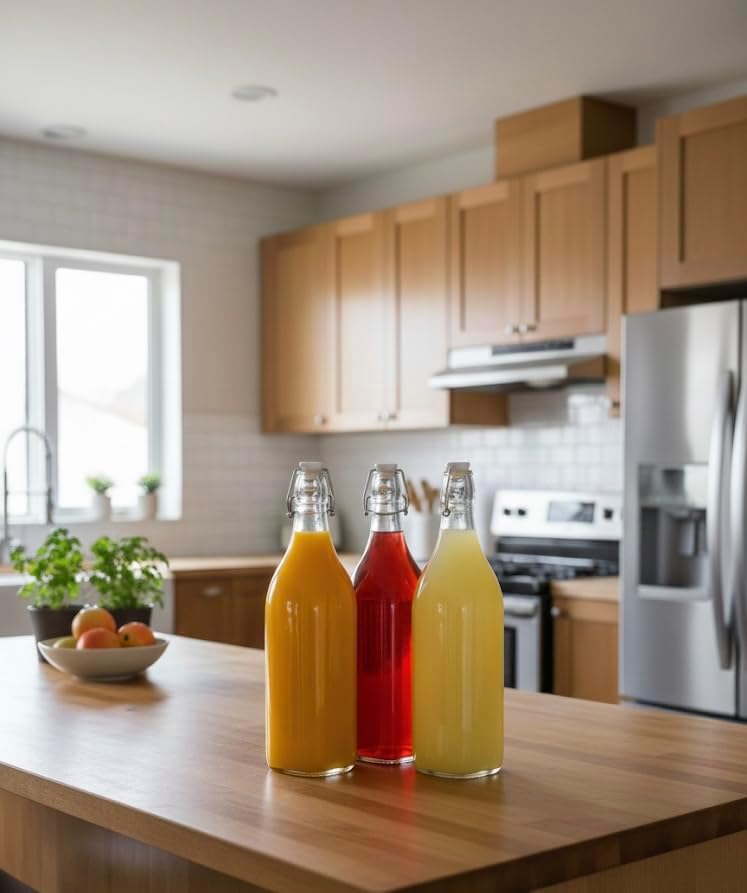 Premium 1 Liter Glass Bottles with Airtight Swing Top Lids – Pack of 12 Reusable Leak-Proof Clear Glass Water, Juice, Oil & Beverage Bottles for Kitchen, Fridge & Home Storage