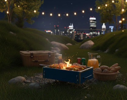 Portable Charcoal Grill, Blue, Stainless Steel, Compact Foldable Design, Efficient Cooking & Airflow, Easy Clean