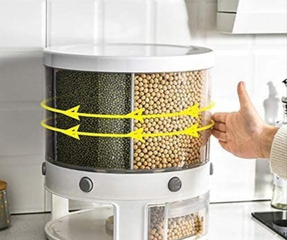 Rotating Food Storage Container, White, Multi-Compartment Grain Dispenser 5 Compartments