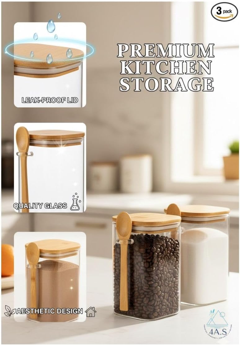 Set of 3 Square Glass Canisters with Bamboo Lids Tea,Spices-350 ml