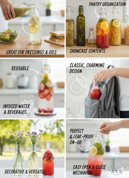 Premium Glass Swing Top Bottles with Airtight Seal, Clear, 4 Pack, Flip Top Closure for Beverages,1 L