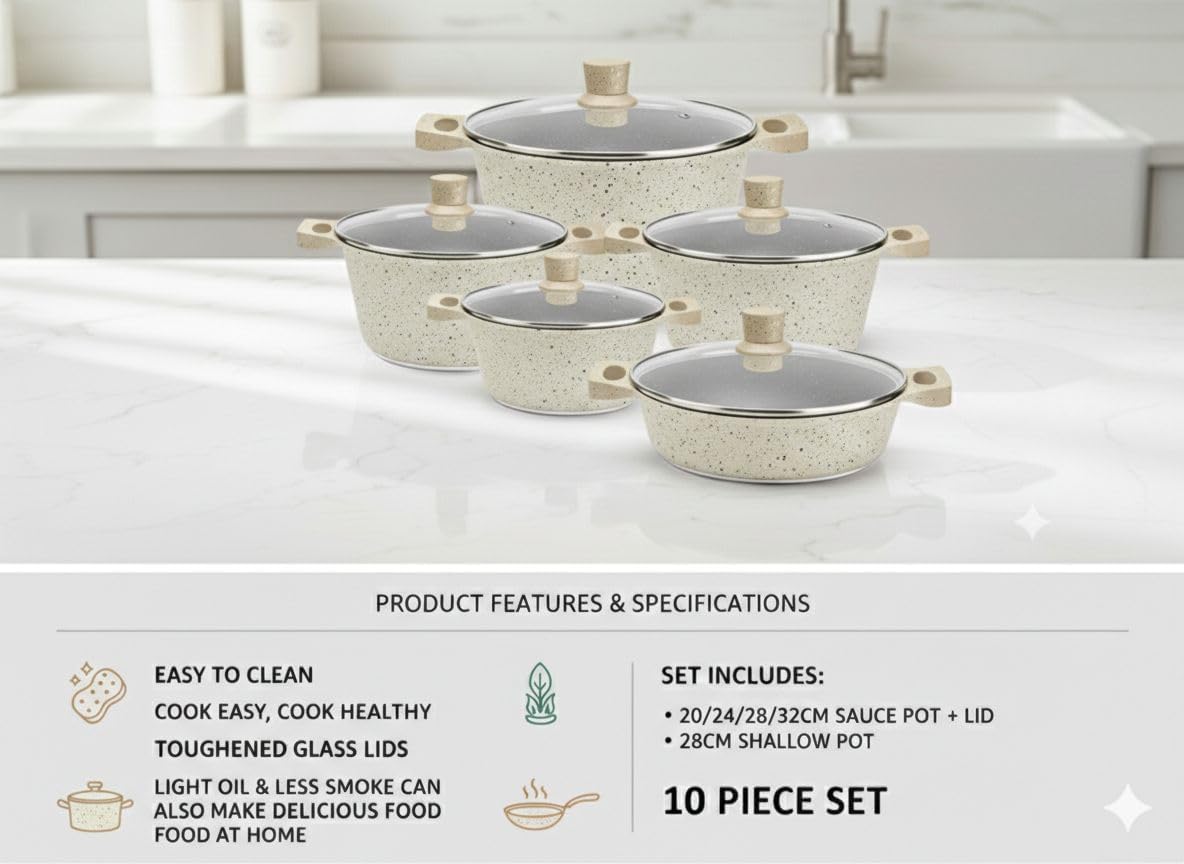 10 Piece Granite Non-Stick Cookware Set with Glass Lids, Cream Speckled Granite Finish