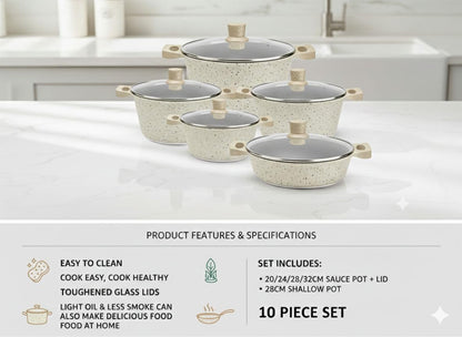 10 Piece Granite Non-Stick Cookware Set with Glass Lids, Cream Speckled Granite Finish