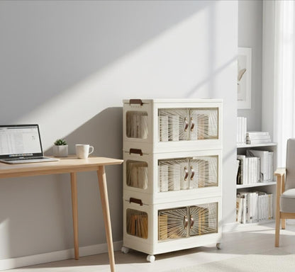 3-Tier Stackable Plastic Storage Organizer with Double Front Magnetic Doors, Large Collapsible  Storage Cabinet,66 * 40 * 25