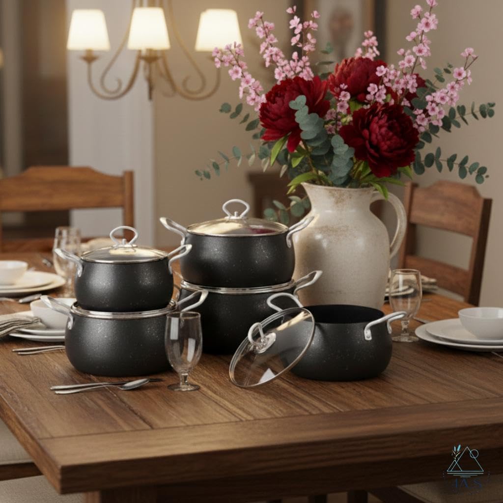 10-Piece Non-Stick Cookware Set, Die-Cast Aluminium with Tempered Glass Lids, Granite Finish, Cool-Touch Handles