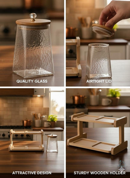 Glass Storage Jar with Wooden Lid and 2-Tier Wooden Holder, Airtight Container, Kitchen Counter Organizer,750 ML