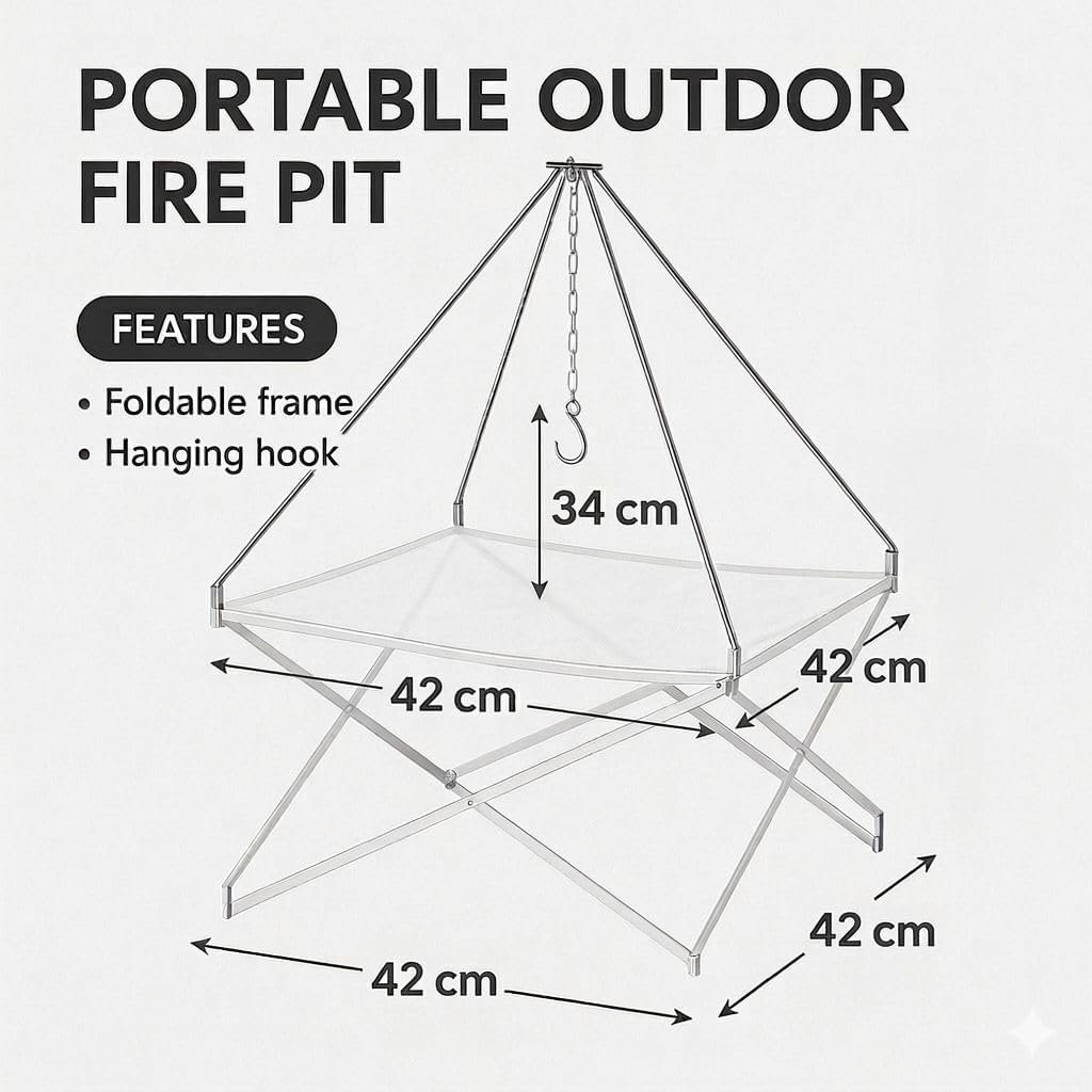 Portable Outdoor Fire Pit, Foldable Frame with Hanging Hook, 42cm x 42cm x 34cm, Camping Cooking Tripod Stand