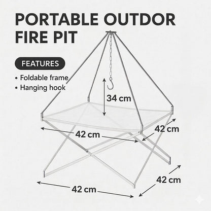 Portable Outdoor Fire Pit, Foldable Frame with Hanging Hook, 42cm x 42cm x 34cm, Camping Cooking Tripod Stand