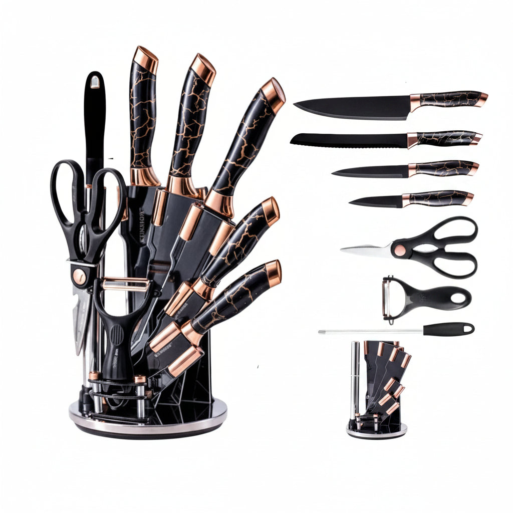 Knife Set with Rotating Stand, 8 Piece, Black and Rose Gold, Sharpening Steel