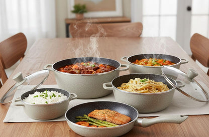 Premium Granite Cookware Set, 10 Pieces, Black, Non-stick with Toughened Glass Lids, 20/24/28/32cm Sauce Pots and 28cm Fry Pan,Beige