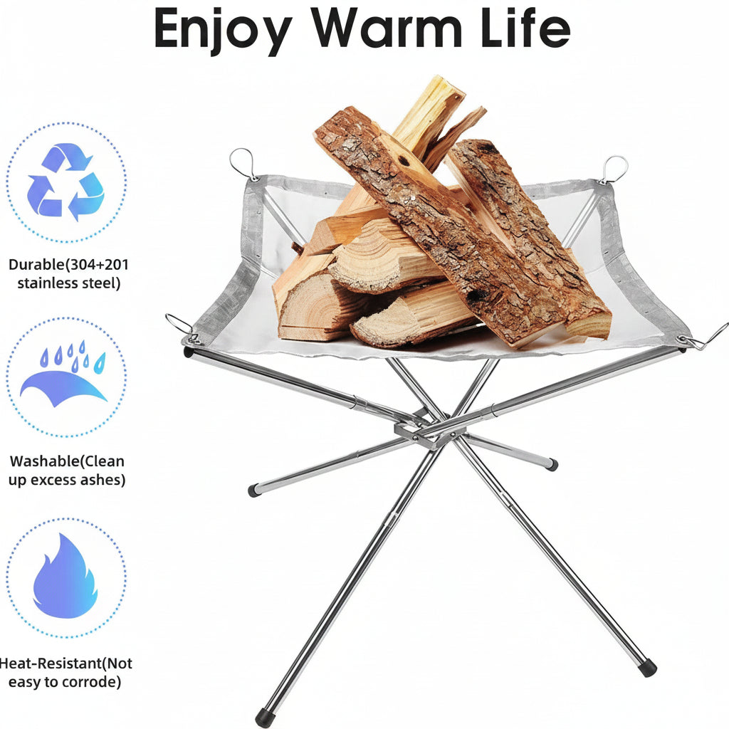 Portable Fire Pit Stand, Stainless SteeL, Foldable Outdoor Camping Fireplace, Washable Heat-Resistant Mesh, Collapsible Wood Burning Grate,72 * 72 * 55 CM