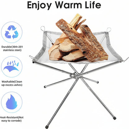 Portable Fire Pit Stand, Stainless SteeL, Foldable Outdoor Camping Fireplace, Washable Heat-Resistant Mesh, Collapsible Wood Burning Grate,72 * 72 * 55 CM