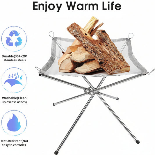 Portable Fire Pit Stand, Stainless SteeL, Foldable Outdoor Camping Fireplace, Washable Heat-Resistant Mesh, Collapsible Wood Burning Grate,72 * 72 * 55 CM