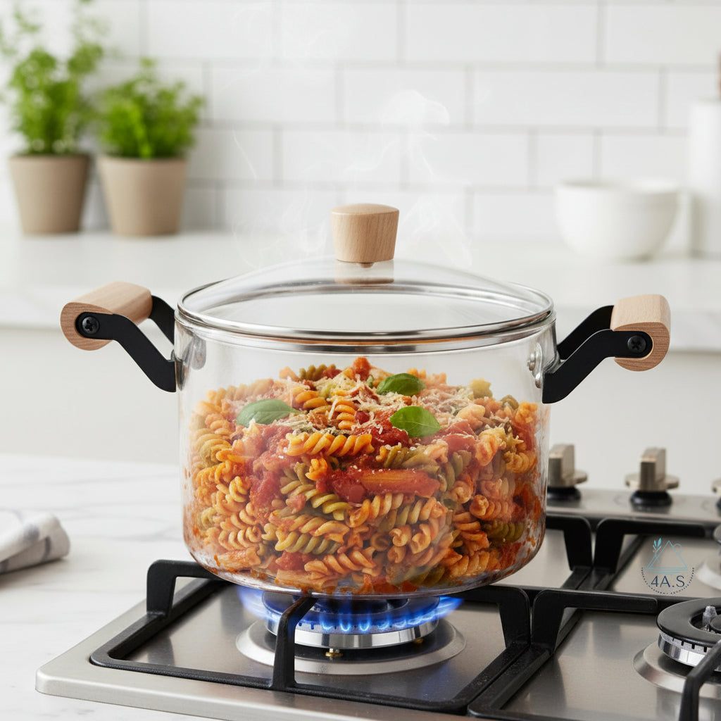 Extra Glass Stockpot with Lid, Clear Heat Resistant Borosilicate Glass, Wooden Handles, Dual Handles,5 L