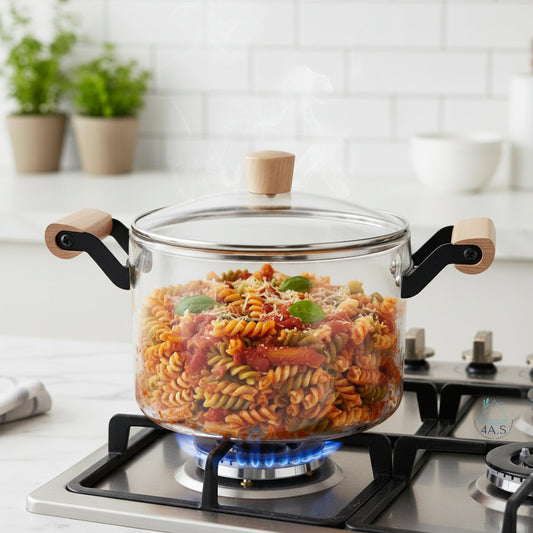 Extra Glass Stockpot with Lid, Clear Heat Resistant Borosilicate Glass, Wooden Handles, Dual Handles,5 L