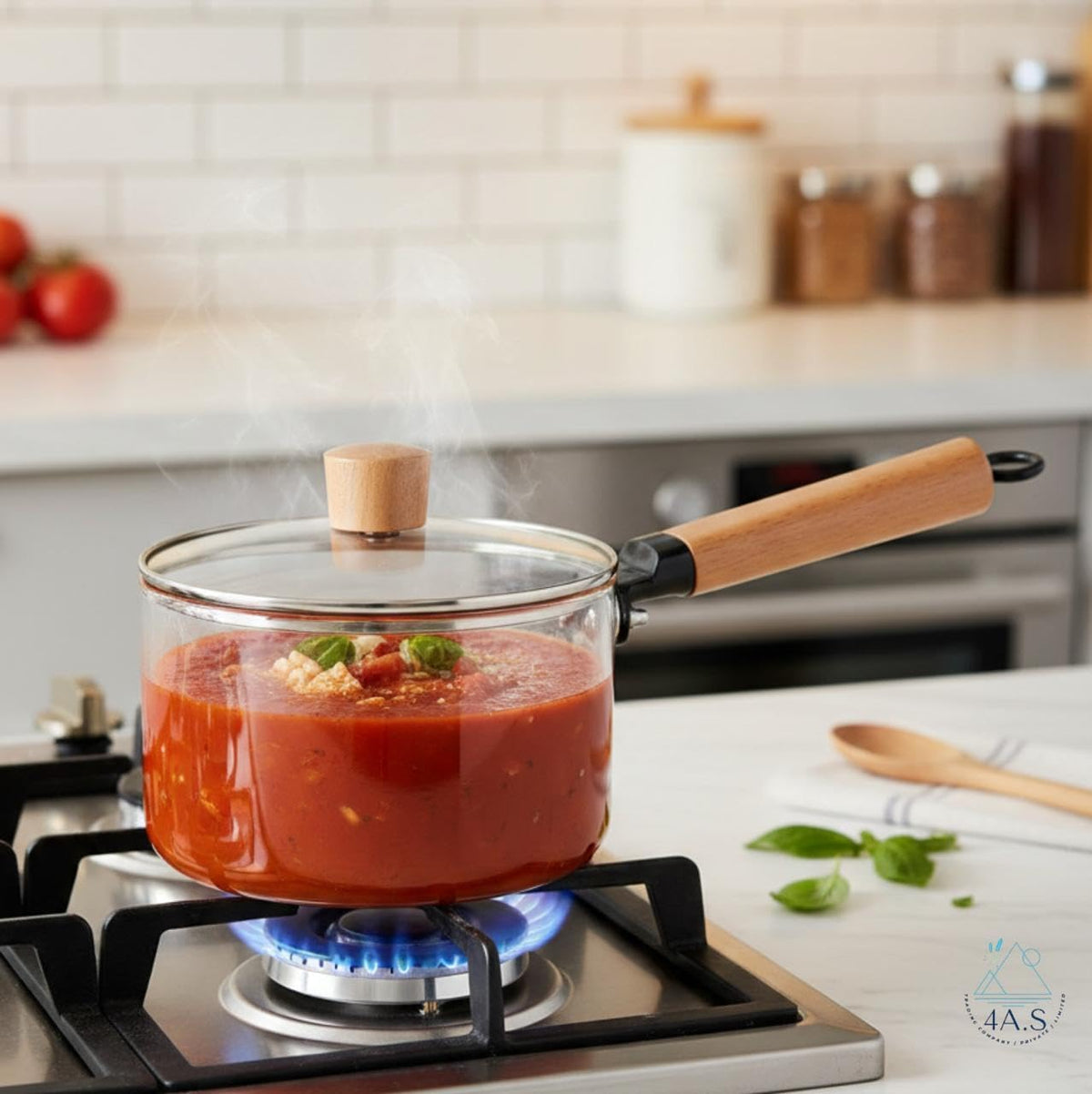 Glass Cooking Pot with Lid, 1.8L Capacity, Borosilicate Glass, Wooden Handle