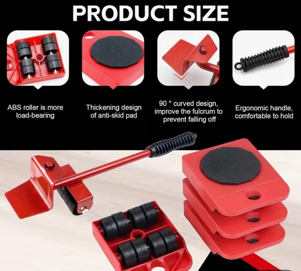 Furniture Mover Tool Set, Red, Heavy Duty Appliance Roller with Lifting Handle, 5-Piece Moving System for Beds, Sofas, Refrigerators, Washing Machines and others