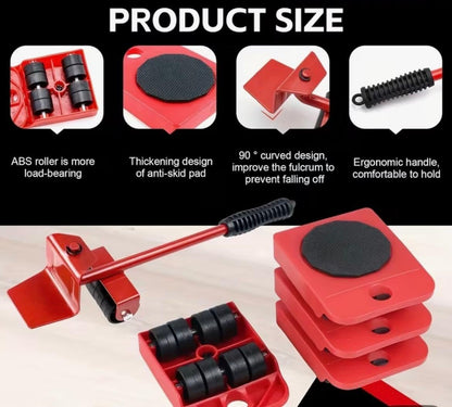 Furniture Mover Tool Set, Red, Heavy Duty Appliance Roller with Lifting Handle, 5-Piece Moving System for Beds, Sofas, Refrigerators, Washing Machines and others