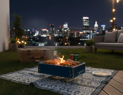 Portable Charcoal Grill, Blue, Stainless Steel, Compact Foldable Design, Efficient Cooking & Airflow, Easy Clean