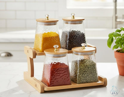 Glass Storage Jar with Wooden Lid and 2-Tier Wooden Holder, Airtight Container, Kitchen Counter Organizer,750 ML