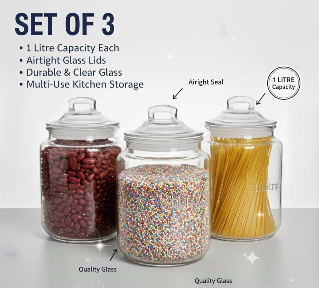 Clear Glass Storage Jars with Airtight Lids – Set of 3| 1 litres each,Ideal for Kitchen & Pantry Organization