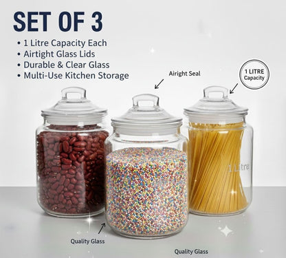 Clear Glass Storage Jars with Airtight Lids – Set of 3| 1 litres each,Ideal for Kitchen & Pantry Organization