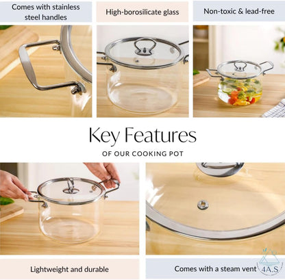 Extra Transparent High Borosilicate Glass Stock Pot with Lid, 5.5L Heat-Resistant Clear Cooking Pot, Double-Ear Anti-Scalding Handles, Breathable Air Hole Design