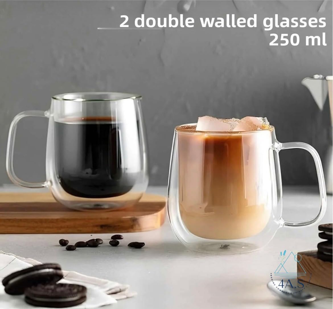 Double Walled Glass Coffee Mugs, Clear, 250ml, Pack of 6, Insulated Thermal Cups with Handle