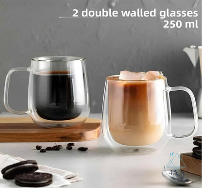 Double Walled Glass Coffee Mugs, Clear, 250ml, Pack of 6, Insulated Thermal Cups with Handle