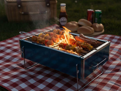 Portable Charcoal Grill, Blue, Stainless Steel, Compact Foldable Design, Efficient Cooking & Airflow, Easy Clean