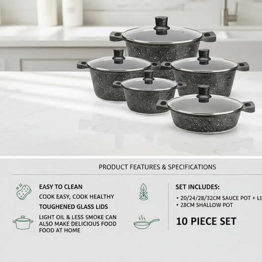 10 Piece Granite Cookware Set, Non-Stick Pots and Pans with Glass Lids, 20/24/28/32cm