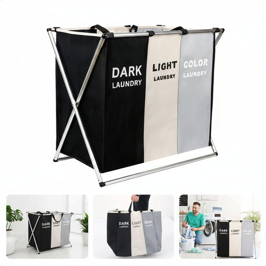 3 Section Laundry Sorter Hamper with Frame, Dark, Light, Color Sorting Bags, Waterproof Linen Fabric, Foldable X-Frame Design
