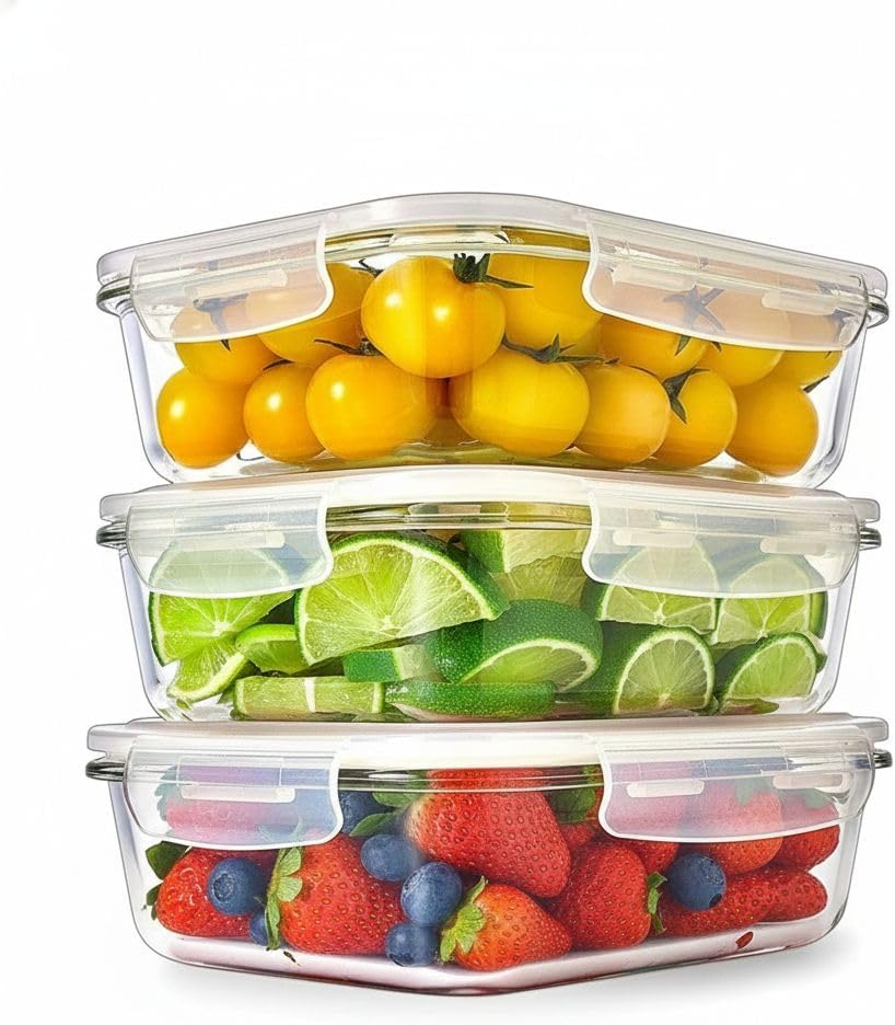 Premium Glass Food Storage Containers with Lids, Airtight Meal Prep Containers, Leakproof, Dishwasher Safe, Borosilicate Glass, BPA Free, 620 ML, 3 Pack