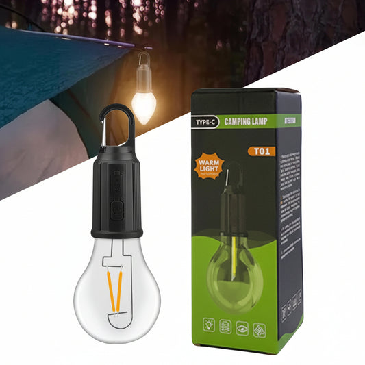 USB Type-C Rechargeable Camping Lamp, Warm Light, Portable LED Bulb with Carabiner Hook, Outdoor Tent Light