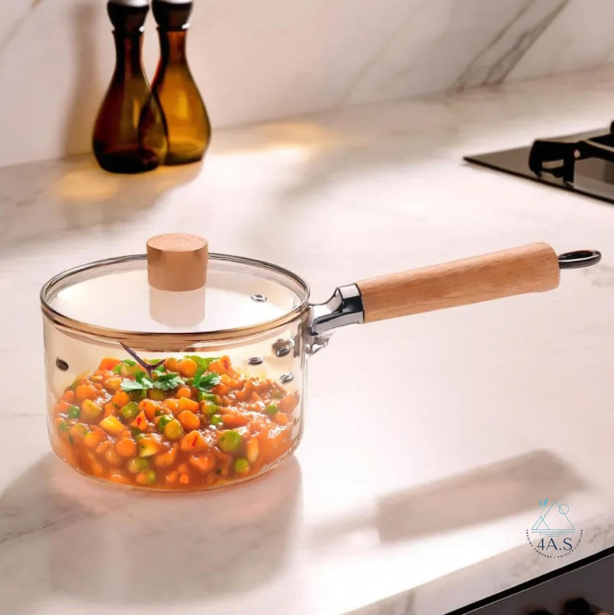 Glass Cooking Pot with Lid, 1.8L Capacity, Borosilicate Glass, Wooden Handle