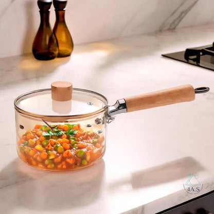 Glass Cooking Pot with Lid, 1.8L Capacity, Borosilicate Glass, Wooden Handle