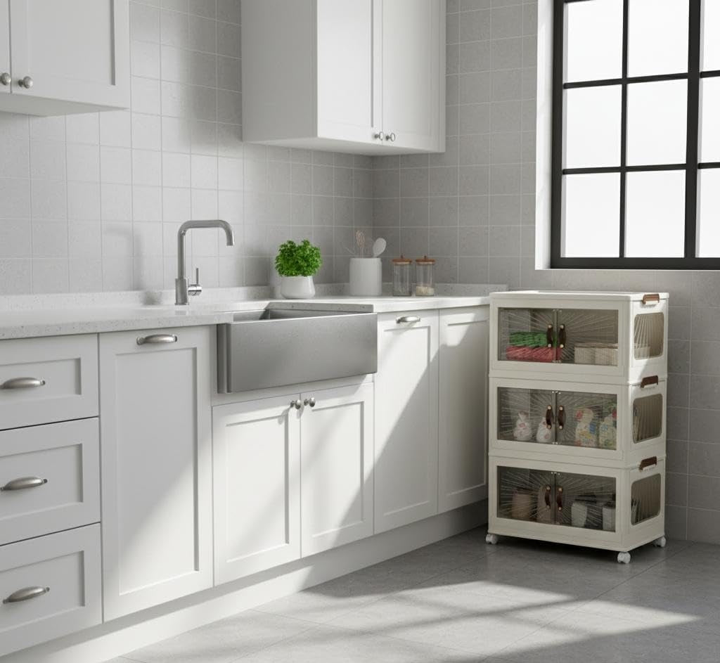 3-Tier Stackable Plastic Storage Organizer with Double Front Magnetic Doors, Large Collapsible  Storage Cabinet,66 * 40 * 25