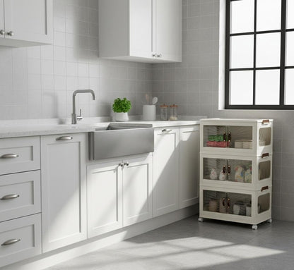 3-Tier Stackable Plastic Storage Organizer with Double Front Magnetic Doors, Large Collapsible  Storage Cabinet,66 * 40 * 25